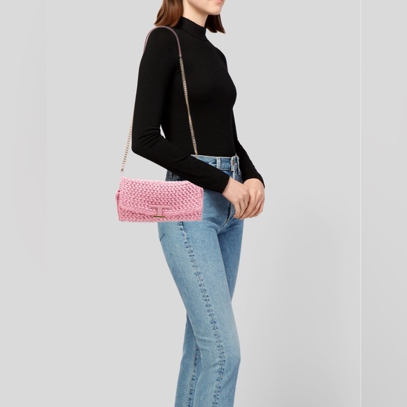 AUTHENTIC TODS RAFFIA STRAW CROCHET CLUTCH BAG PURSE LIKE NEW BARBIE PINK COLOR - Picture 14 of 16